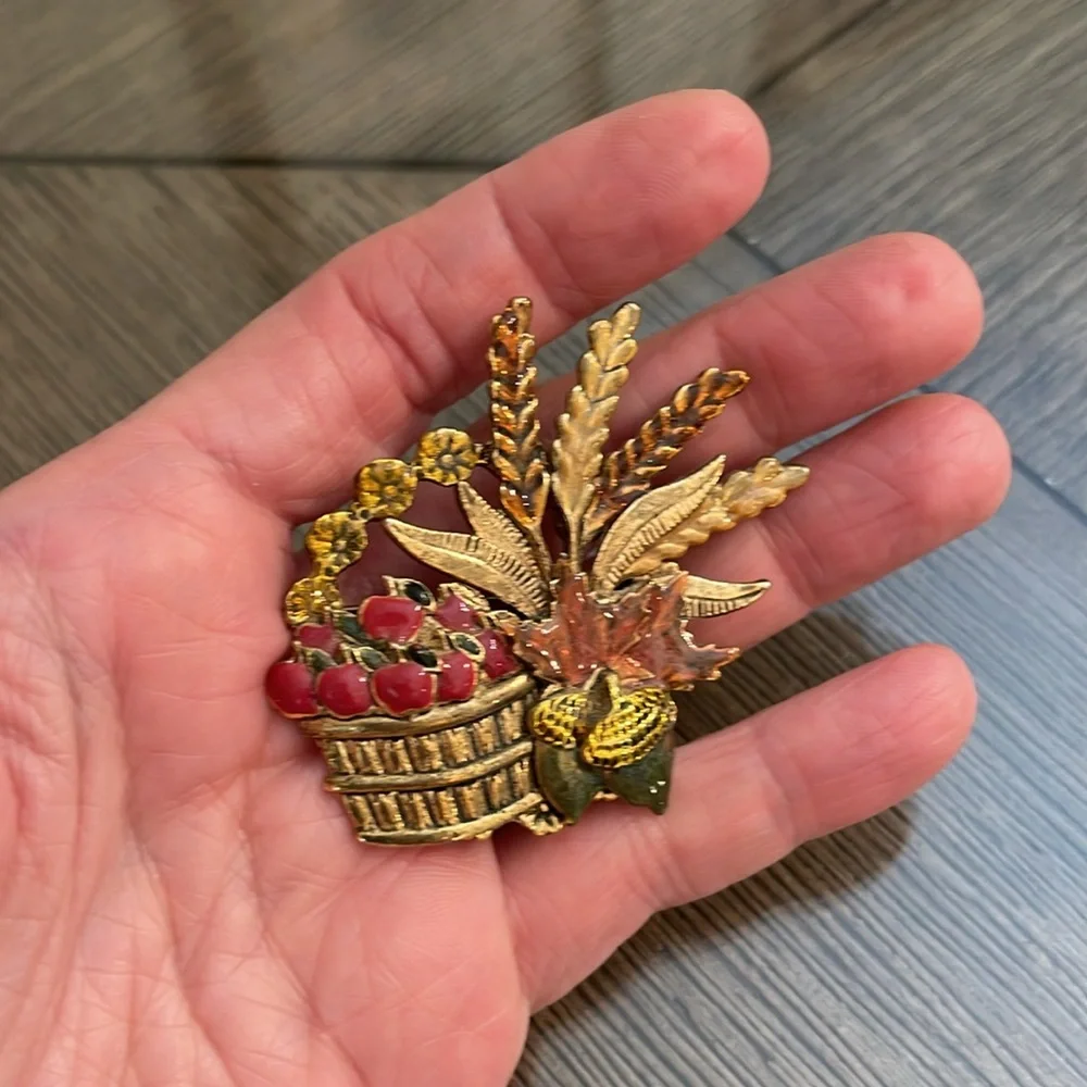 Vintage Kenneth Cole Harvest Basket Brooch with Red and Gold Accents & Apples